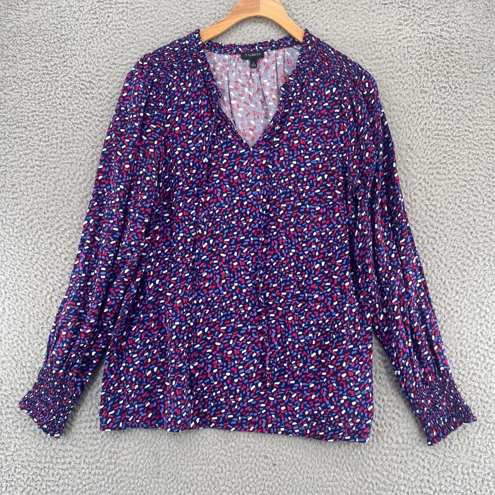 Talbots Top Womens Small Blue Multi Pattern Long Balloon Sleeve Tied Neck Blouse